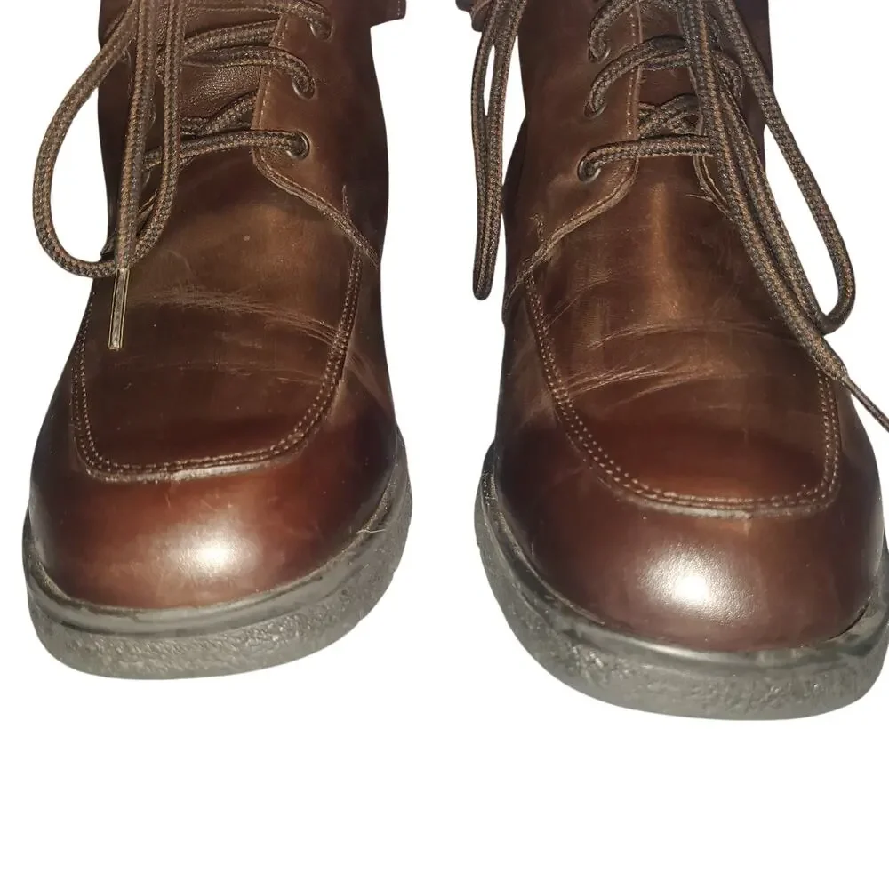 La Canadienne Size 8 Brown Leather Shearling Lined Laced Fold Over Winter Boots